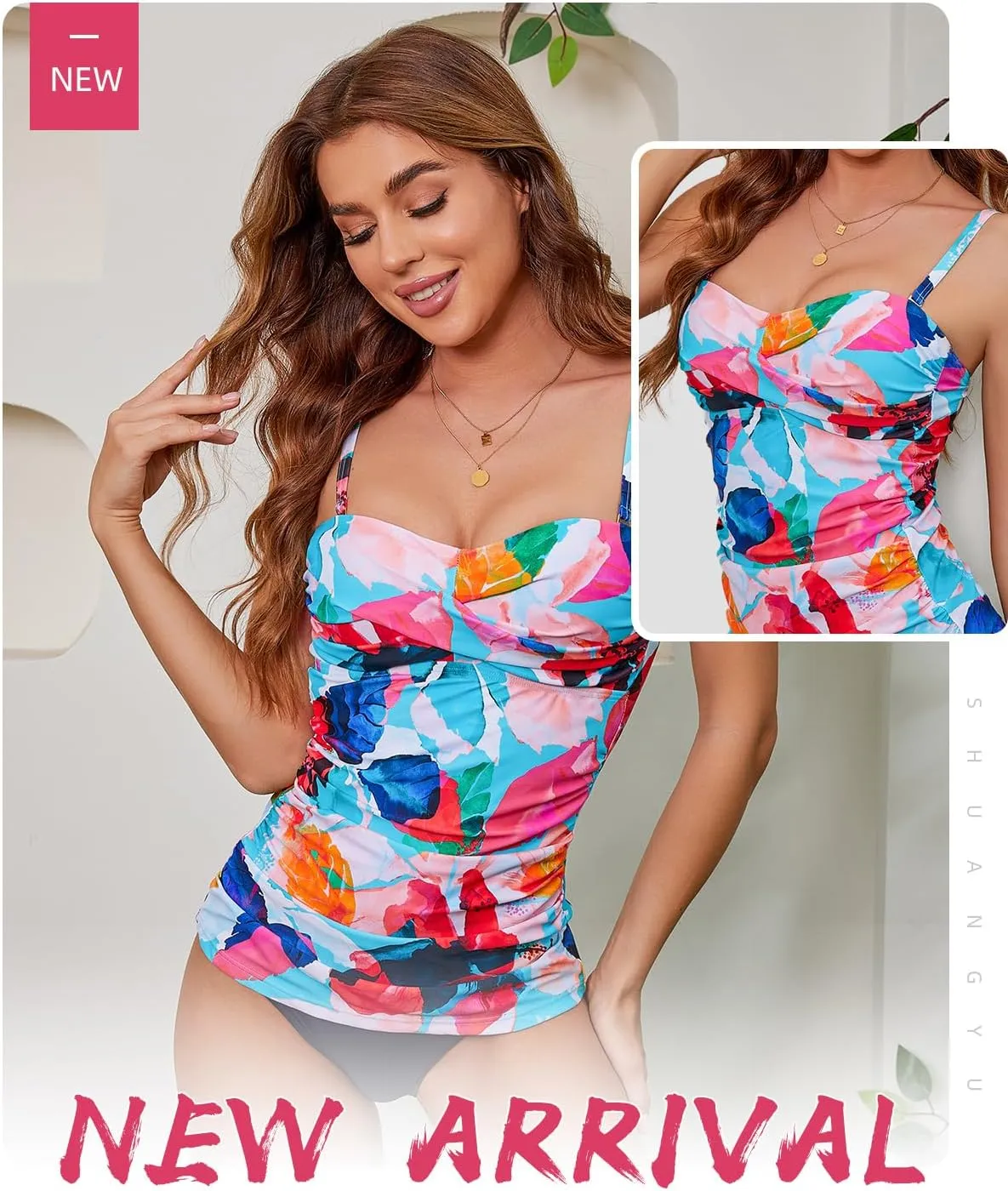 Women's Twist Front Bandeau Tankini Set Two Pieces Ruched Tummy Control Suimsuit with Mid Waist Briefs