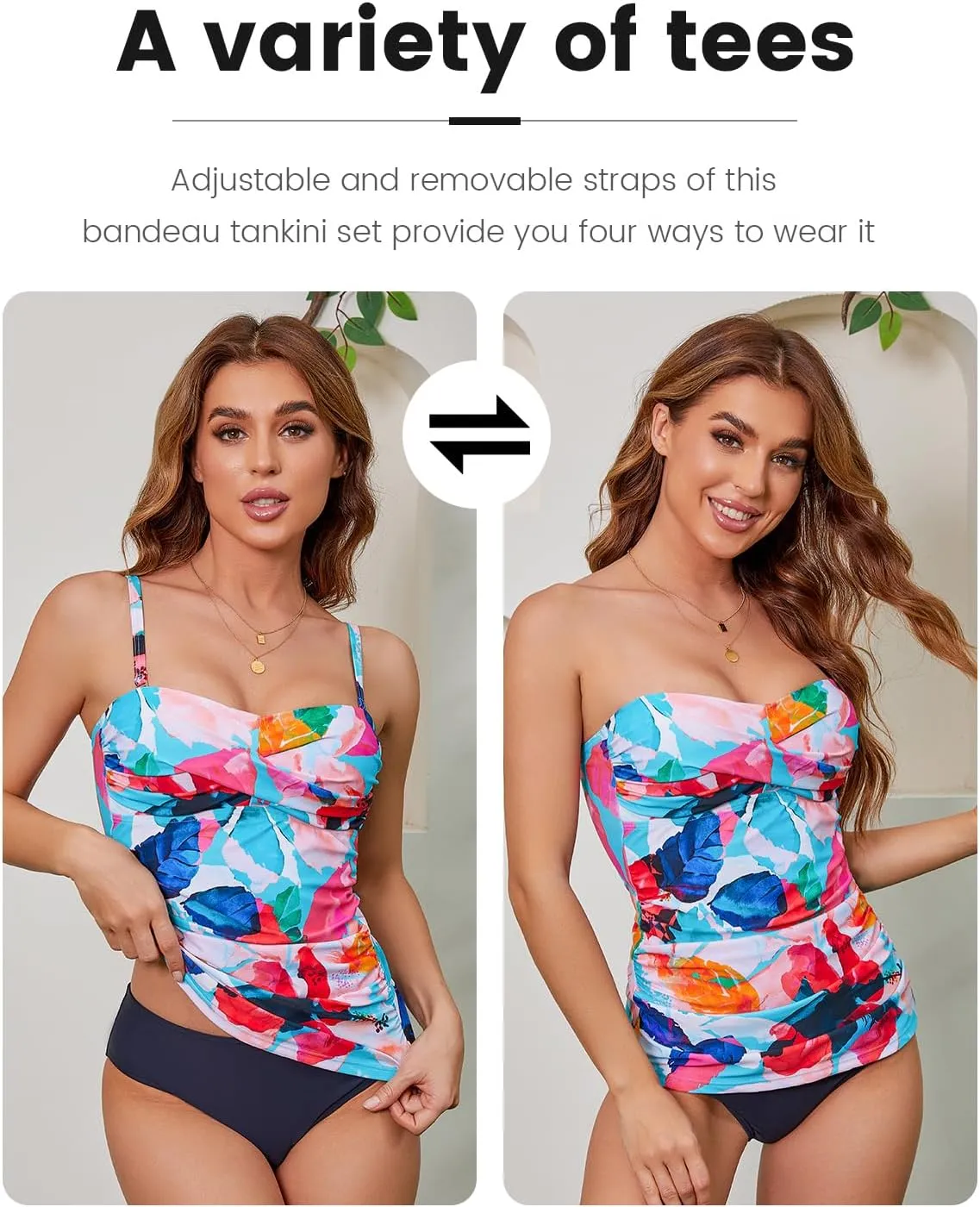 Women's Twist Front Bandeau Tankini Set Two Pieces Ruched Tummy Control Suimsuit with Mid Waist Briefs