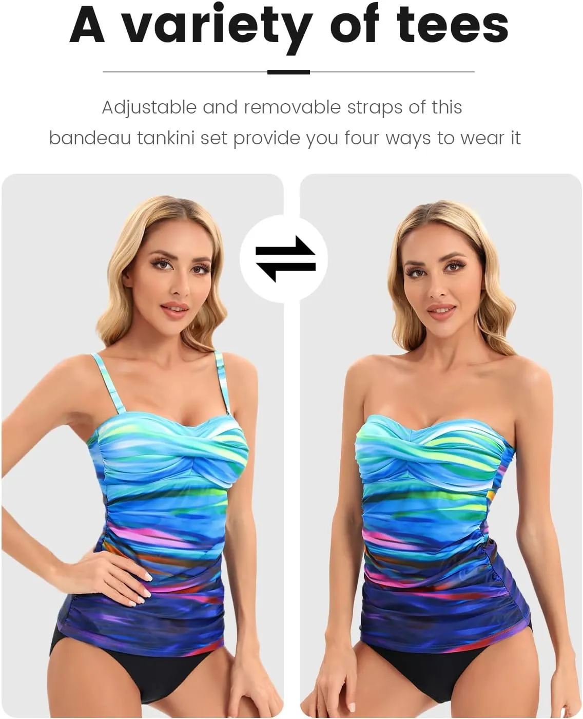 Women's Twist Front Bandeau Tankini Set Two Pieces Ruched Tummy Control Suimsuit with Mid Waist Briefs