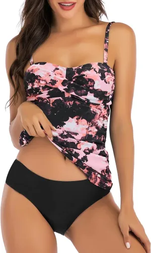 Women's Twist Front Bandeau Tankini Set Two Pieces Ruched Tummy Control Suimsuit with Mid Waist Briefs
