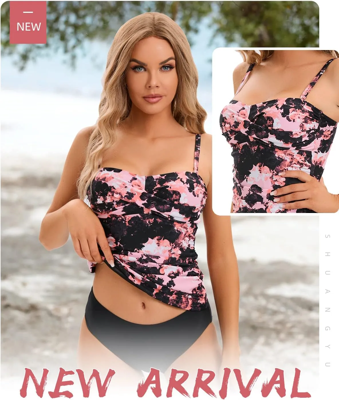 Women's Twist Front Bandeau Tankini Set Two Pieces Ruched Tummy Control Suimsuit with Mid Waist Briefs
