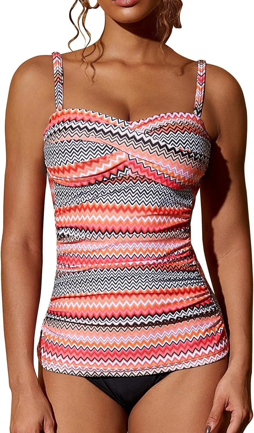 Women's Twist Front Bandeau Tankini Set Two Pieces Ruched Tummy Control Suimsuit with Mid Waist Briefs