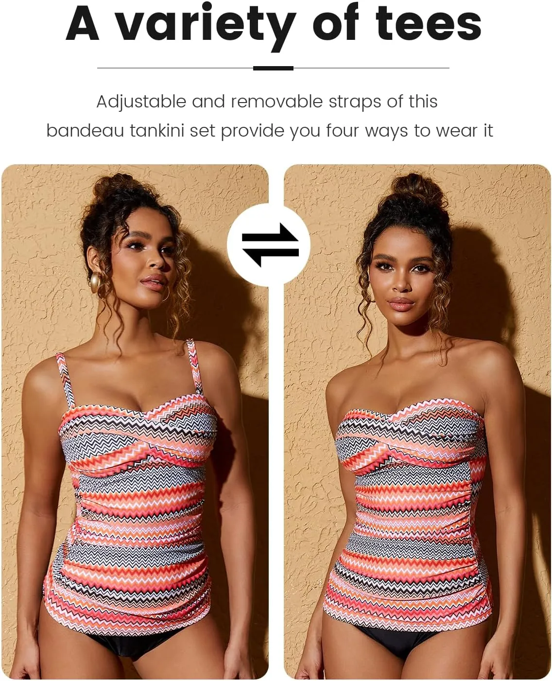 Women's Twist Front Bandeau Tankini Set Two Pieces Ruched Tummy Control Suimsuit with Mid Waist Briefs