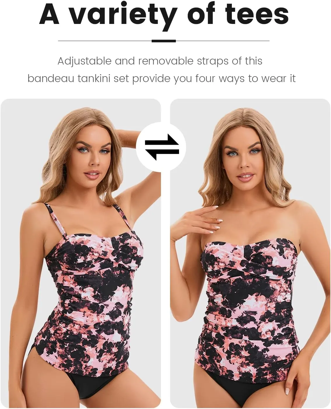 Women's Twist Front Bandeau Tankini Set Two Pieces Ruched Tummy Control Suimsuit with Mid Waist Briefs