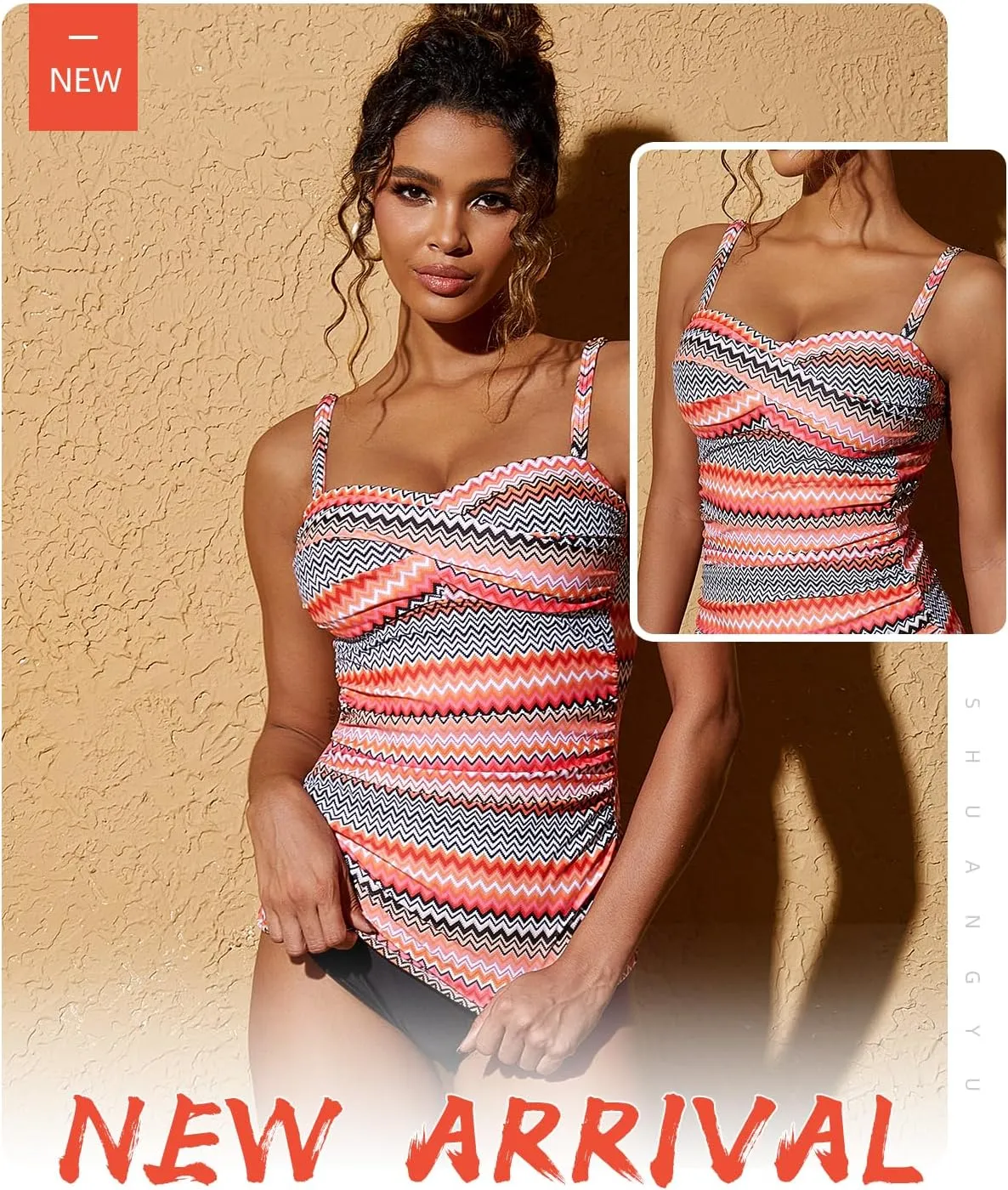 Women's Twist Front Bandeau Tankini Set Two Pieces Ruched Tummy Control Suimsuit with Mid Waist Briefs