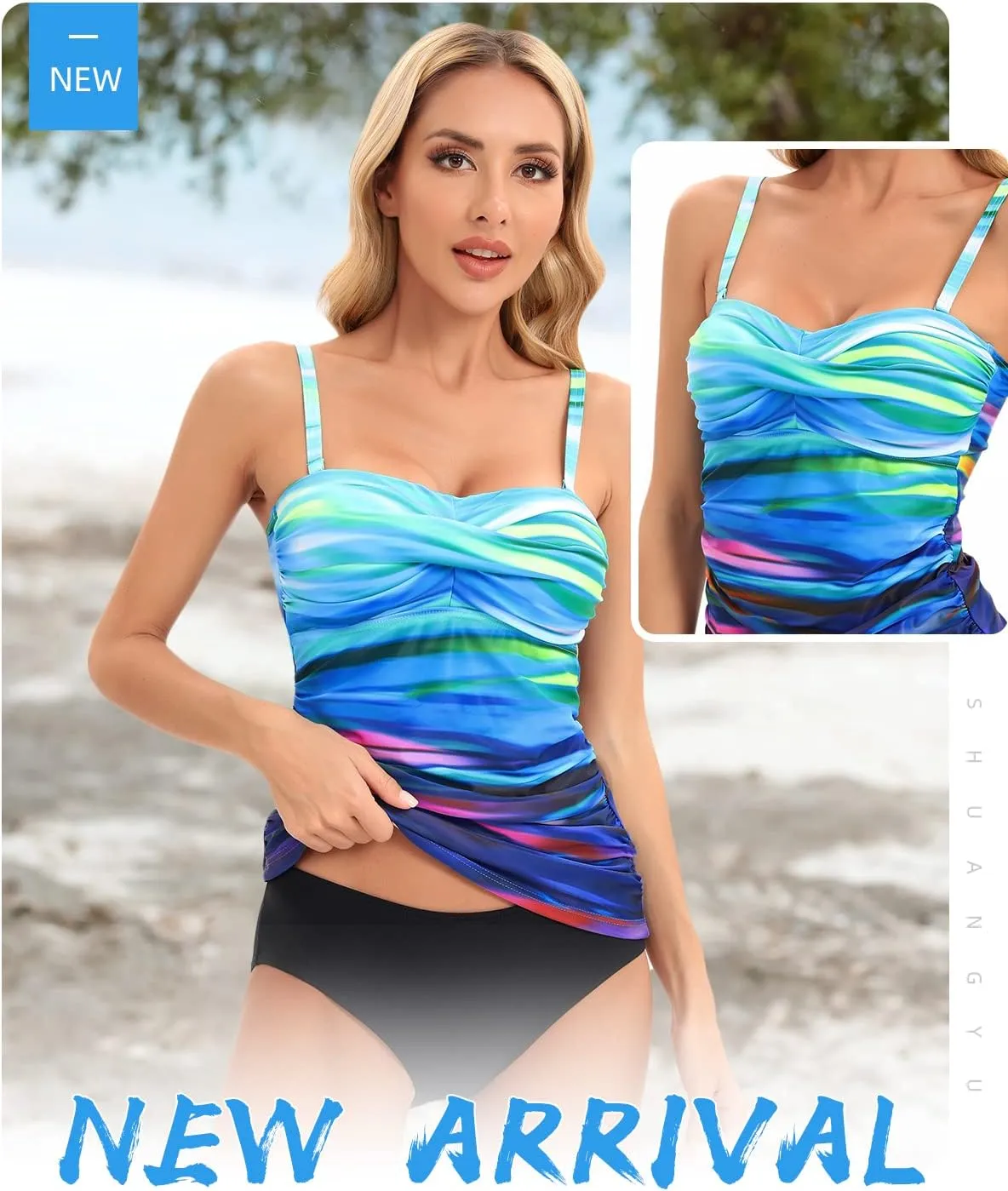 Women's Twist Front Bandeau Tankini Set Two Pieces Ruched Tummy Control Suimsuit with Mid Waist Briefs