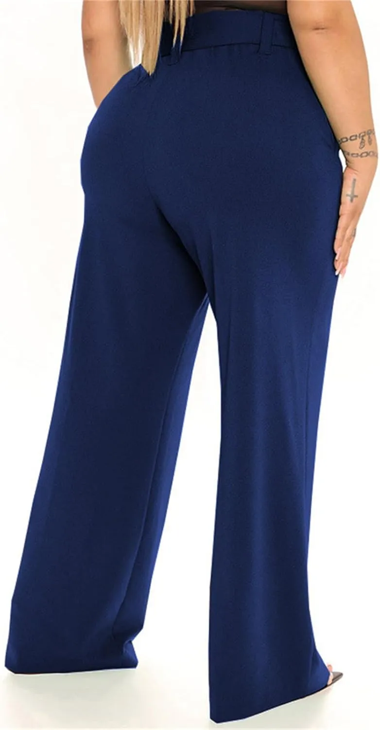 Women's Wide Leg Pants with Pockets High Waist Adjustable Knot Loose Casual Trousers Business Work Comfy Soft Pants