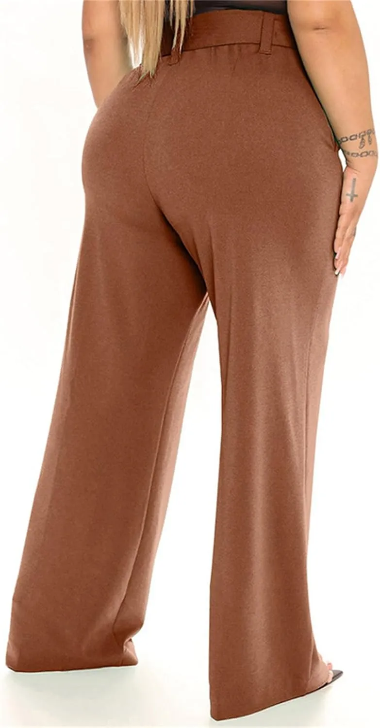 Women's Wide Leg Pants with Pockets High Waist Adjustable Knot Loose Casual Trousers Business Work Comfy Soft Pants