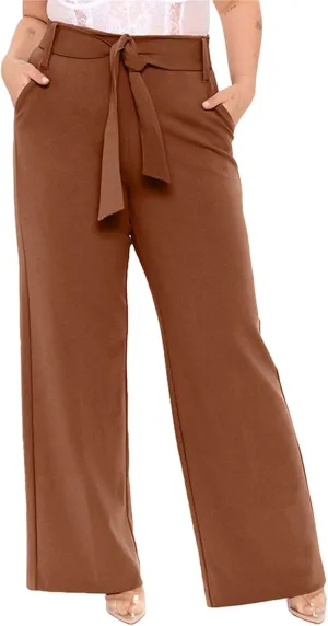 Women's Wide Leg Pants with Pockets High Waist Adjustable Knot Loose Casual Trousers Business Work Comfy Soft Pants