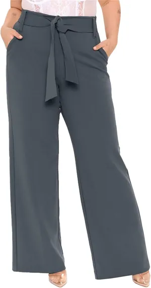 Women's Wide Leg Pants with Pockets High Waist Adjustable Knot Loose Casual Trousers Business Work Comfy Soft Pants
