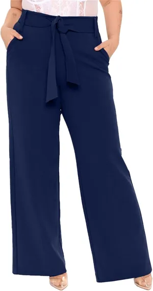 Women's Wide Leg Pants with Pockets High Waist Adjustable Knot Loose Casual Trousers Business Work Comfy Soft Pants