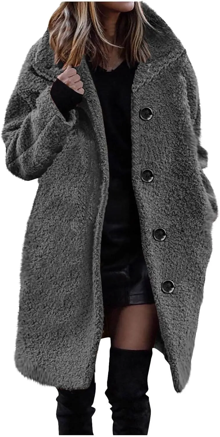 Women's Winter Sherpa Fuzzy Fleece Coats Trendy Oversized Faux Fur Long Jackets Warm Outerwear with Pockets 2024
