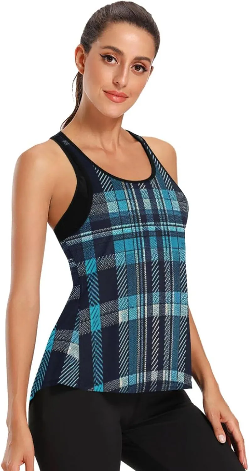 Women's Workout Tank Top Blue-Tartan Sleeveless Sport Gym Top Athletic Yoga Tank Top