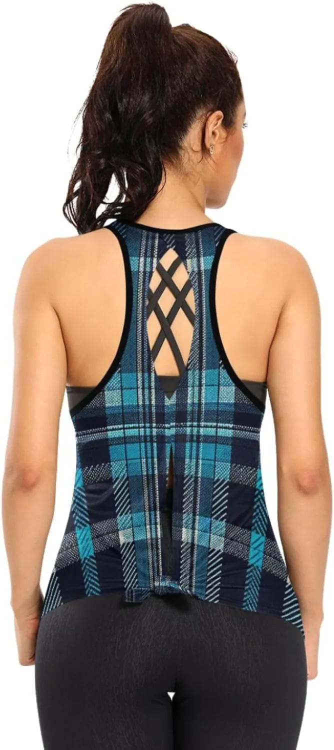 Women's Workout Tank Top Blue-Tartan Sleeveless Sport Gym Top Athletic Yoga Tank Top