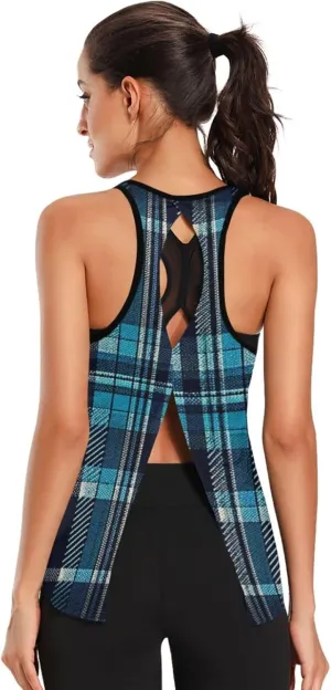 Women's Workout Tank Top Blue-Tartan Sleeveless Sport Gym Top Athletic Yoga Tank Top