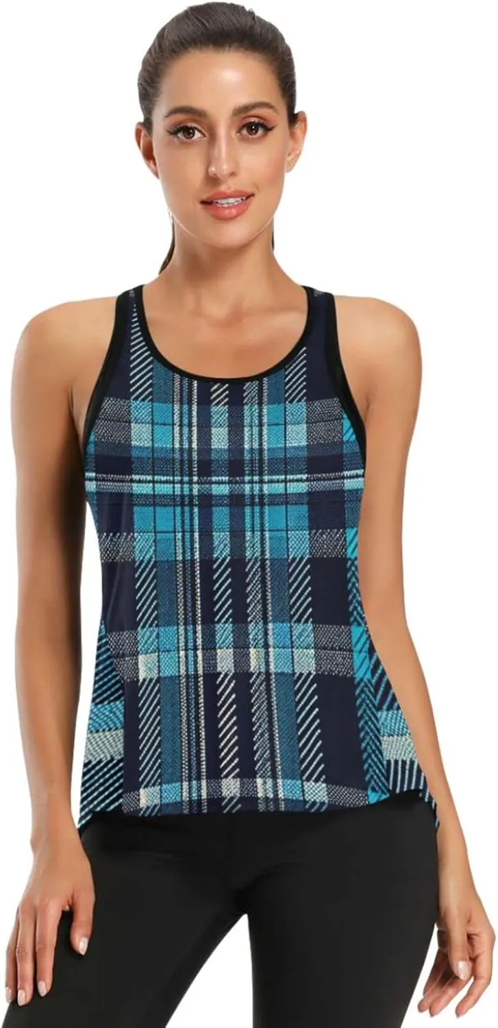 Women's Workout Tank Top Blue-Tartan Sleeveless Sport Gym Top Athletic Yoga Tank Top