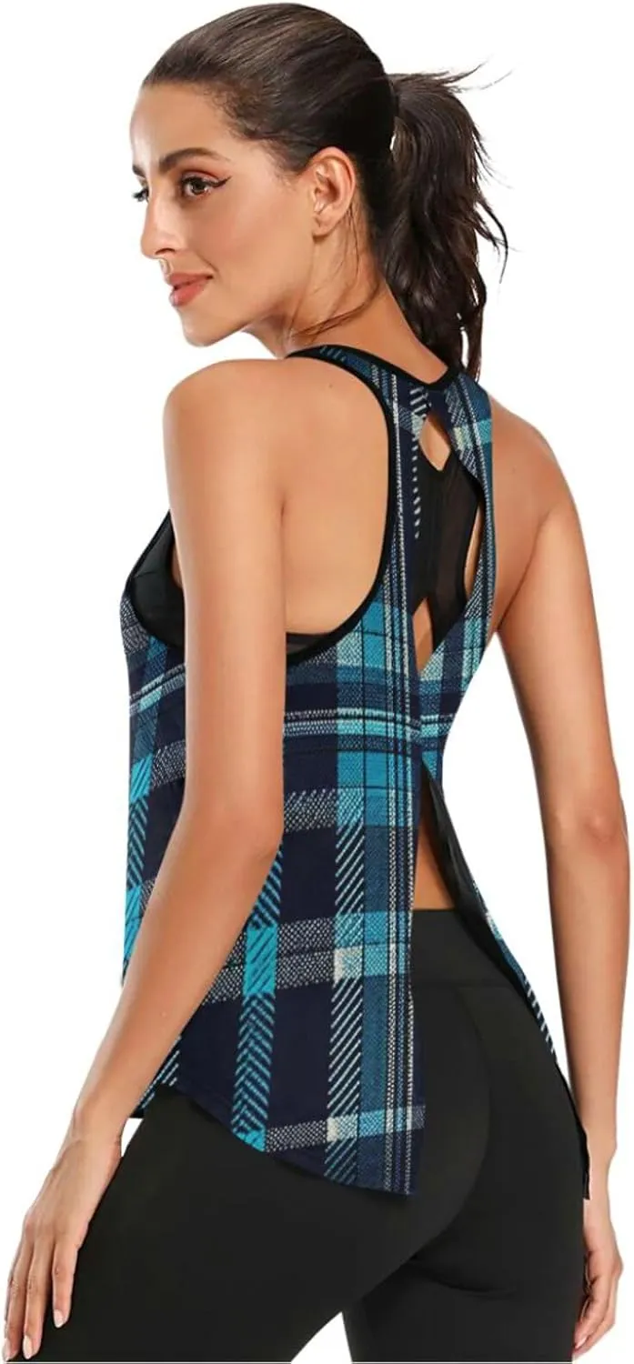 Women's Workout Tank Top Blue-Tartan Sleeveless Sport Gym Top Athletic Yoga Tank Top