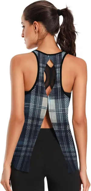Women's Workout Tank Top Navy-Tartan Sleeveless Sport Gym Top Athletic Yoga Tank Top