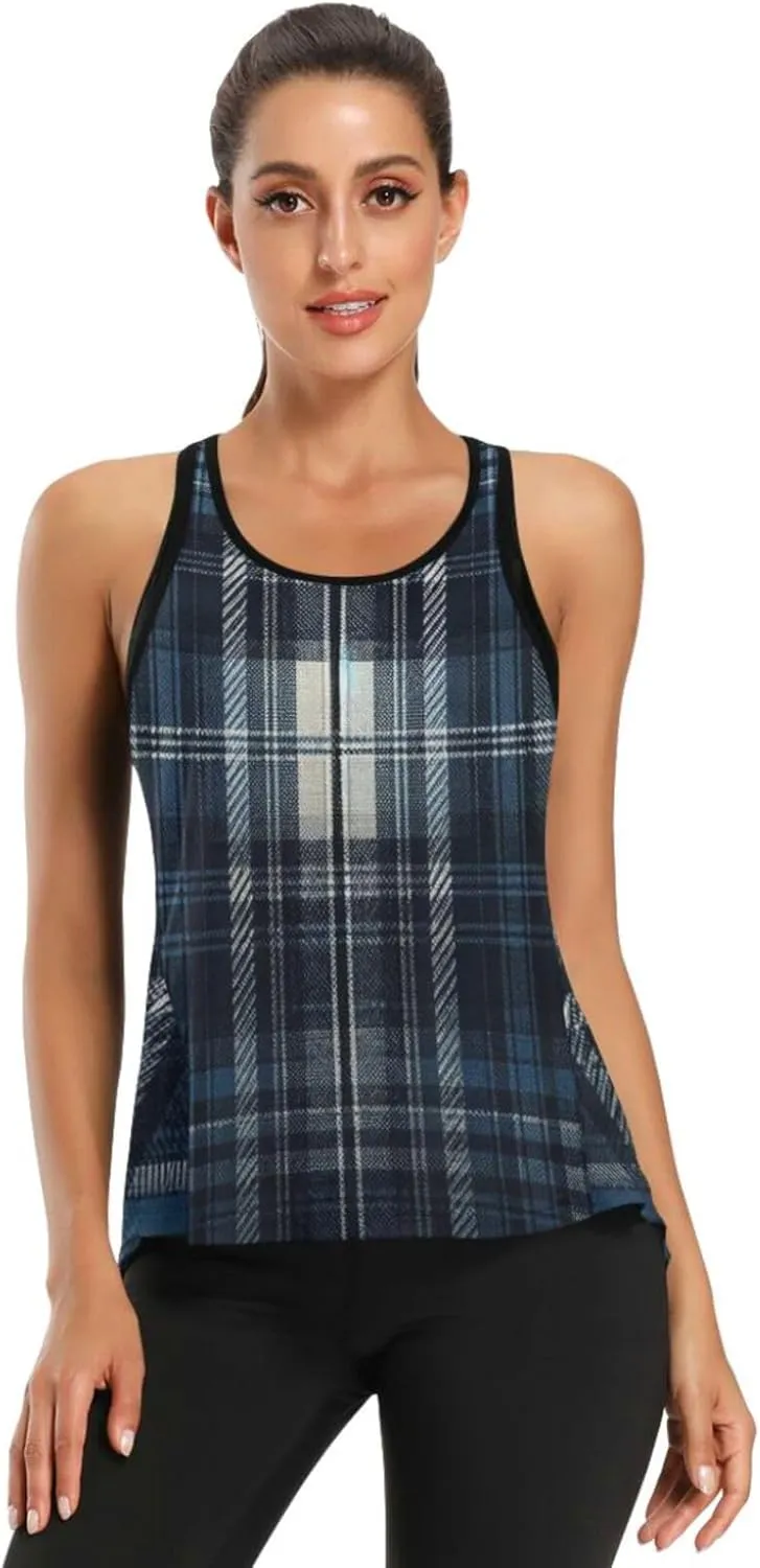 Women's Workout Tank Top Navy-Tartan Sleeveless Sport Gym Top Athletic Yoga Tank Top