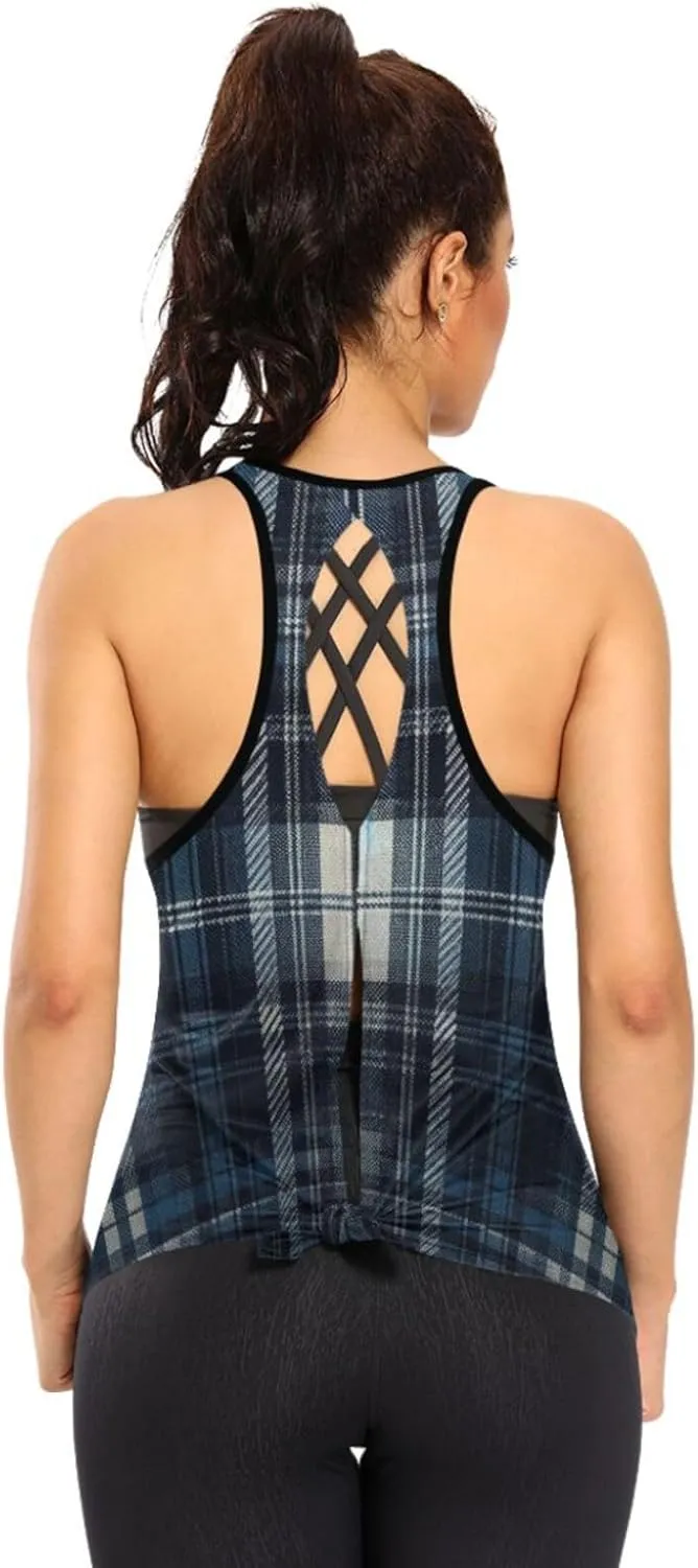 Women's Workout Tank Top Navy-Tartan Sleeveless Sport Gym Top Athletic Yoga Tank Top