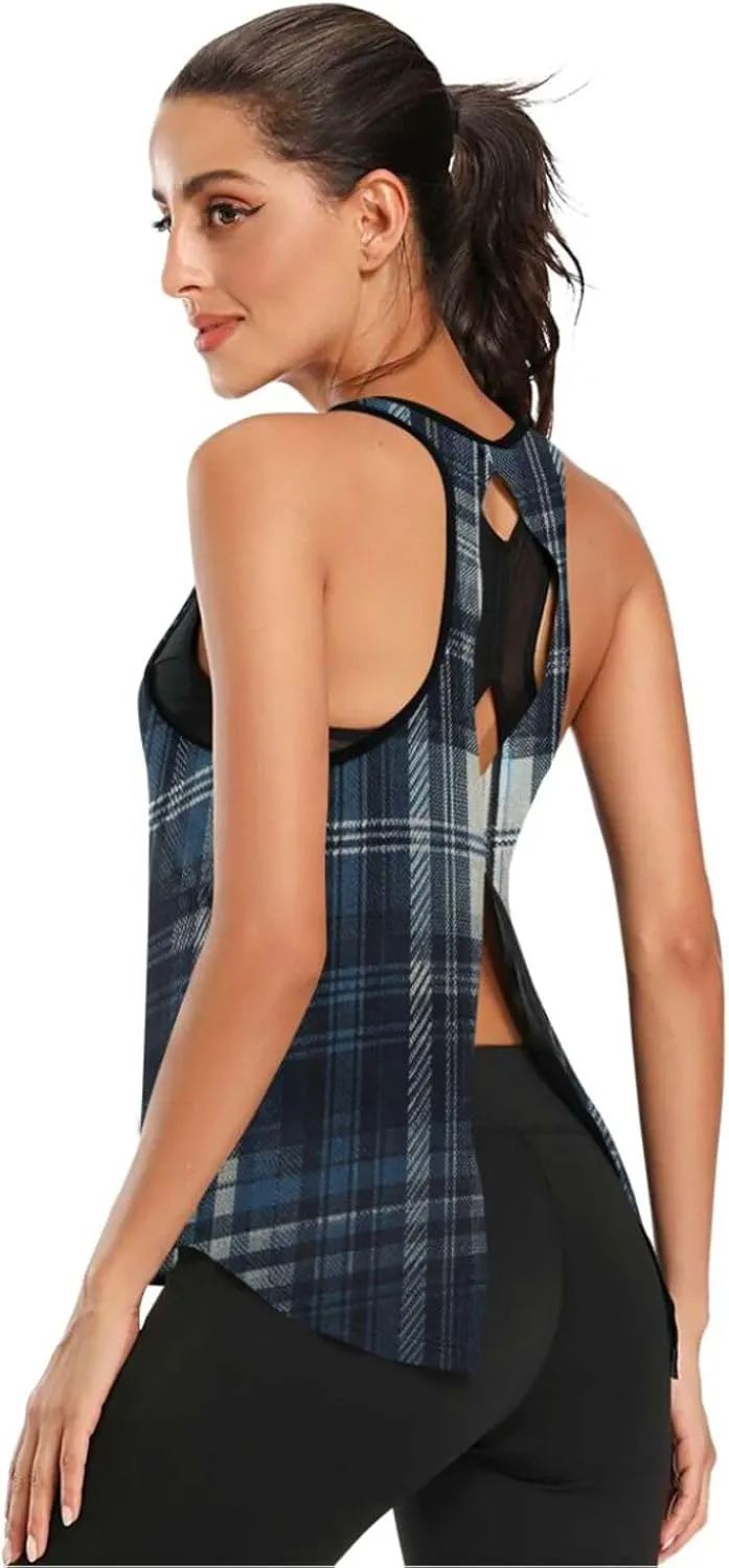 Women's Workout Tank Top Navy-Tartan Sleeveless Sport Gym Top Athletic Yoga Tank Top