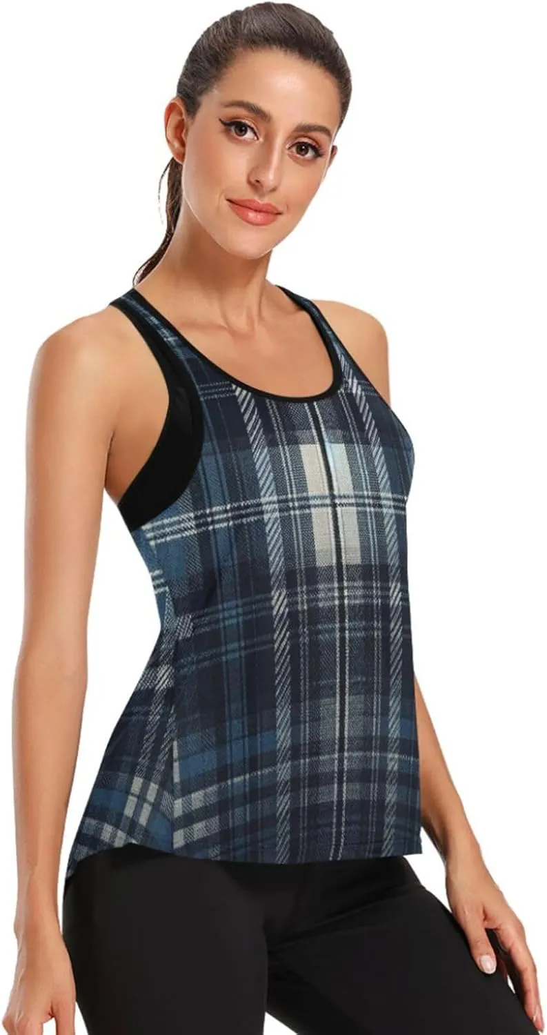 Women's Workout Tank Top Navy-Tartan Sleeveless Sport Gym Top Athletic Yoga Tank Top