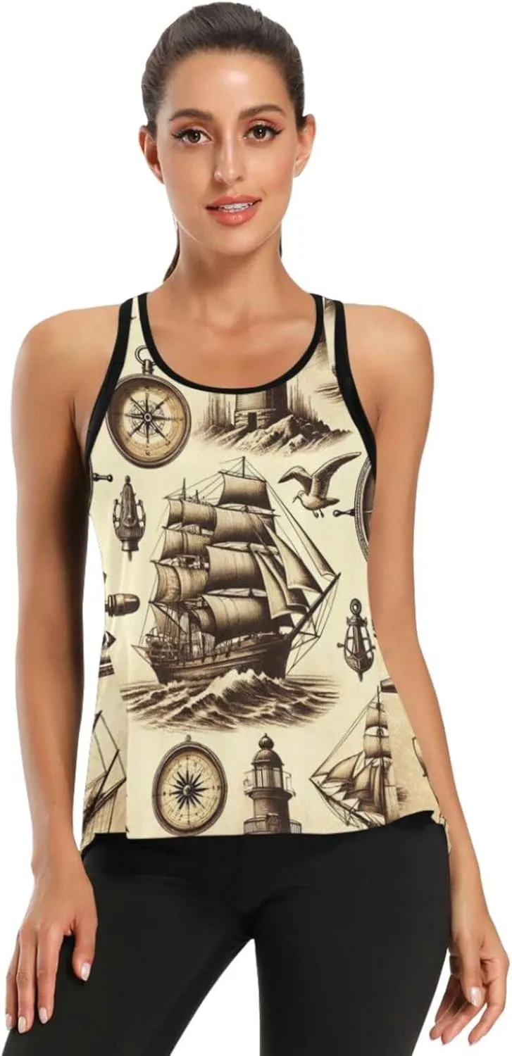 Women's Workout Tank Top Vintage-Sailboats Sleeveless Sport Gym Top Athletic Yoga Tank Top