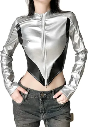 Women's Y2K Metallic Crop Top Shiny Mock Neck Long Sleeve Zip Up PU Leather Coat Moto Cropped Jacket Outerwear
