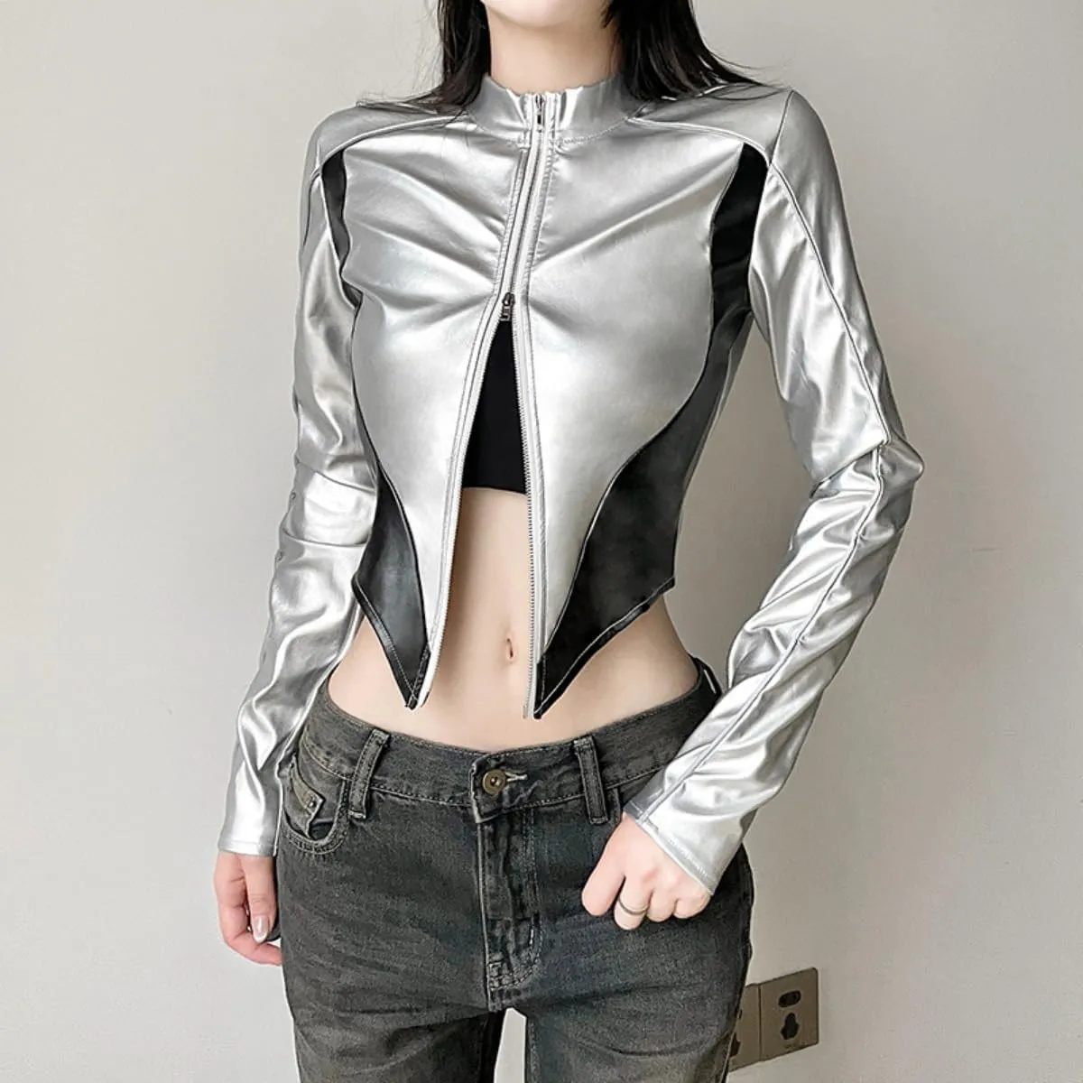 Women's Y2K Metallic Crop Top Shiny Mock Neck Long Sleeve Zip Up PU Leather Coat Moto Cropped Jacket Outerwear