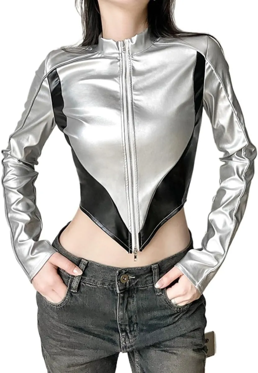 Women's Y2K Metallic Crop Top Shiny Mock Neck Long Sleeve Zip Up PU Leather Coat Moto Cropped Jacket Outerwear