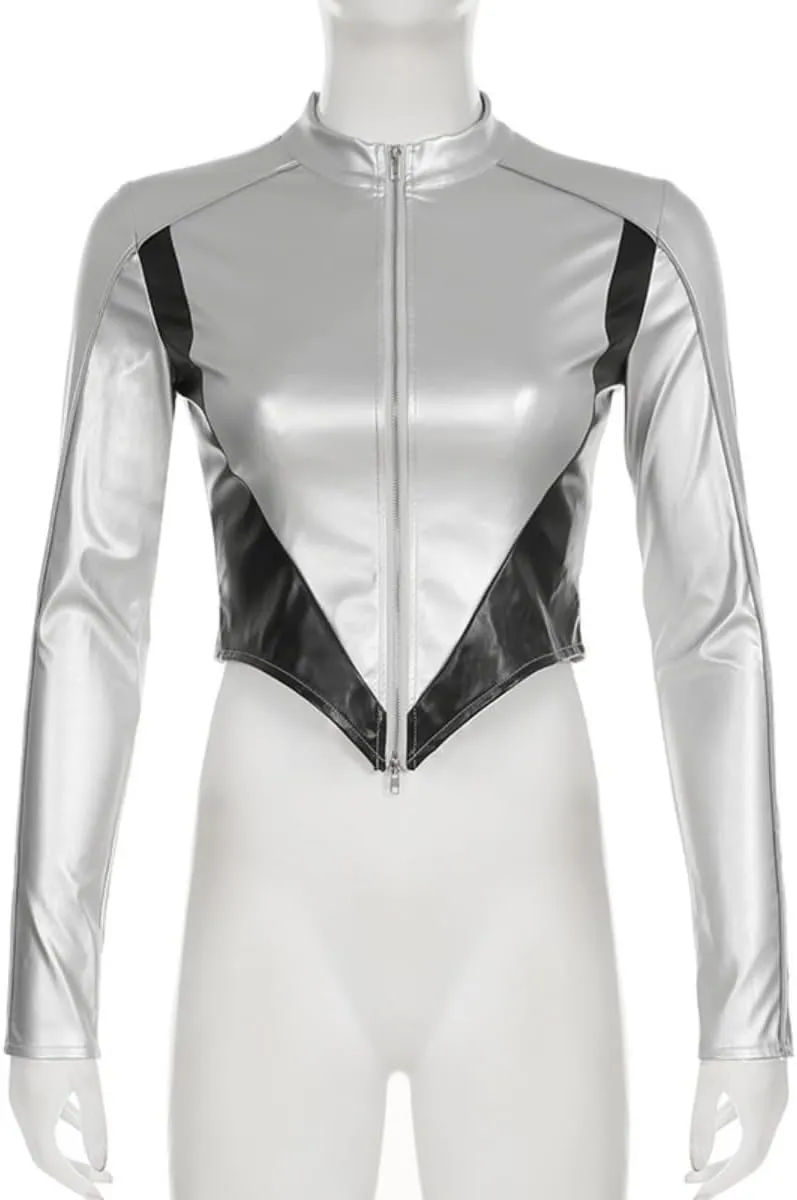 Women's Y2K Metallic Crop Top Shiny Mock Neck Long Sleeve Zip Up PU Leather Coat Moto Cropped Jacket Outerwear