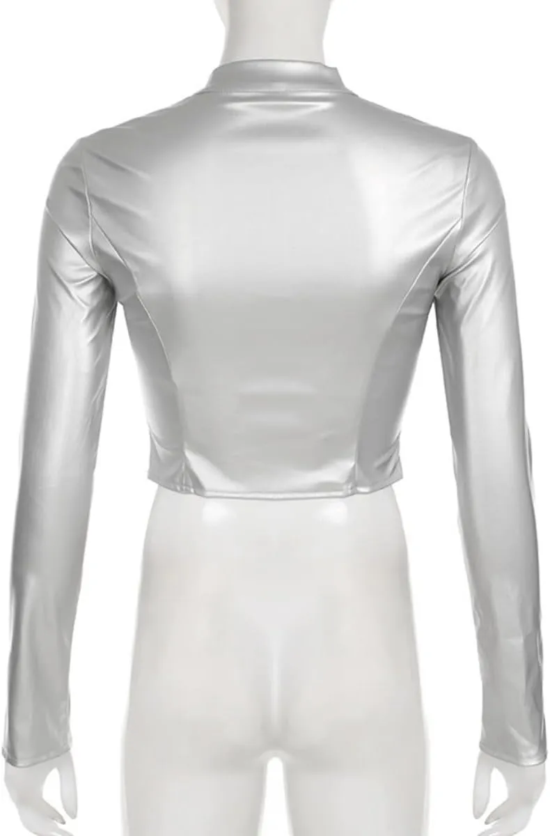 Women's Y2K Metallic Crop Top Shiny Mock Neck Long Sleeve Zip Up PU Leather Coat Moto Cropped Jacket Outerwear