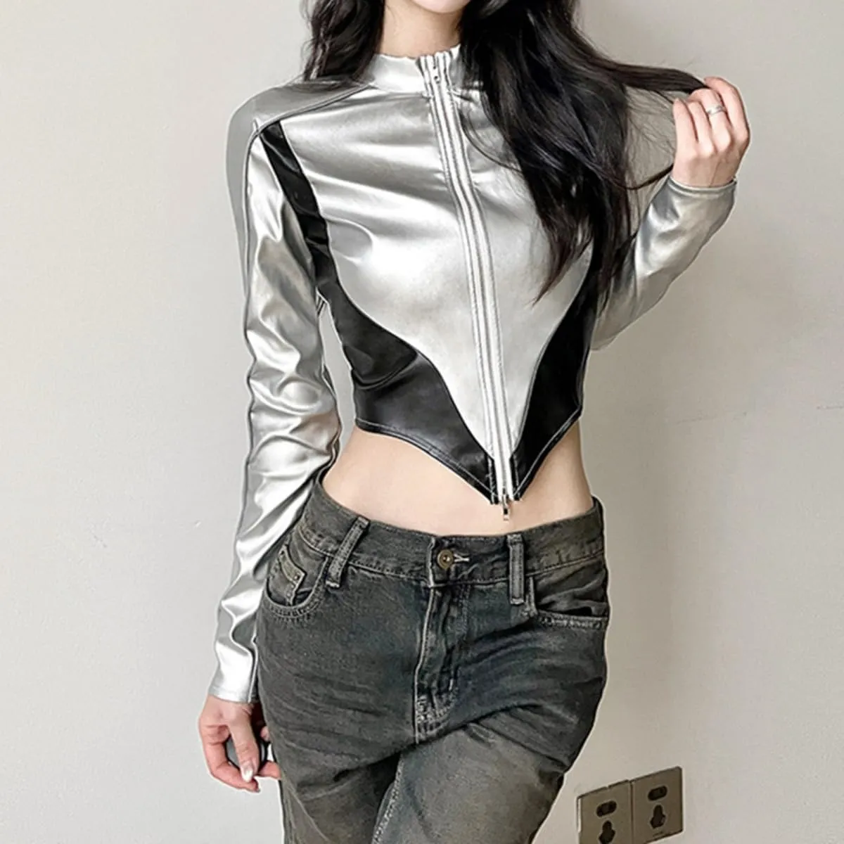 Women's Y2K Metallic Crop Top Shiny Mock Neck Long Sleeve Zip Up PU Leather Coat Moto Cropped Jacket Outerwear
