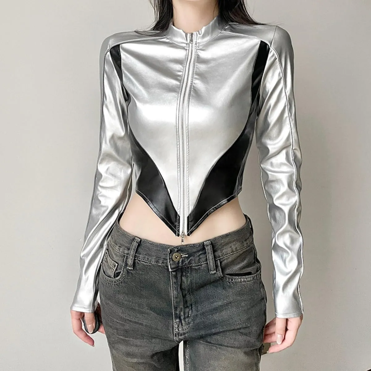 Women's Y2K Metallic Crop Top Shiny Mock Neck Long Sleeve Zip Up PU Leather Coat Moto Cropped Jacket Outerwear