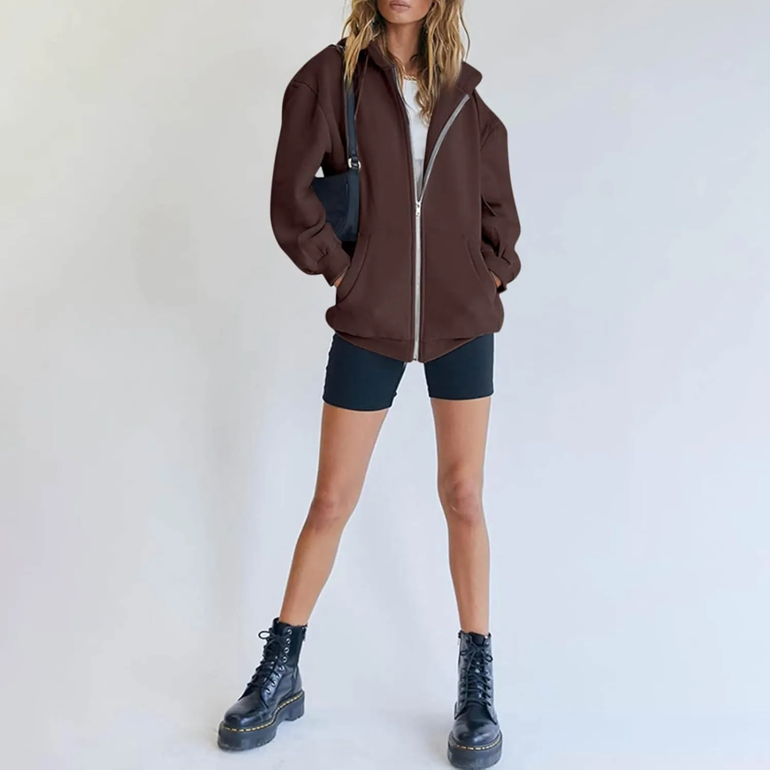 Womens Zip Up Hoodies Long Sleeve Oversized Sweatshirts Fleece Y2K Drawstring Fall Jackets with Pockets Outerwear