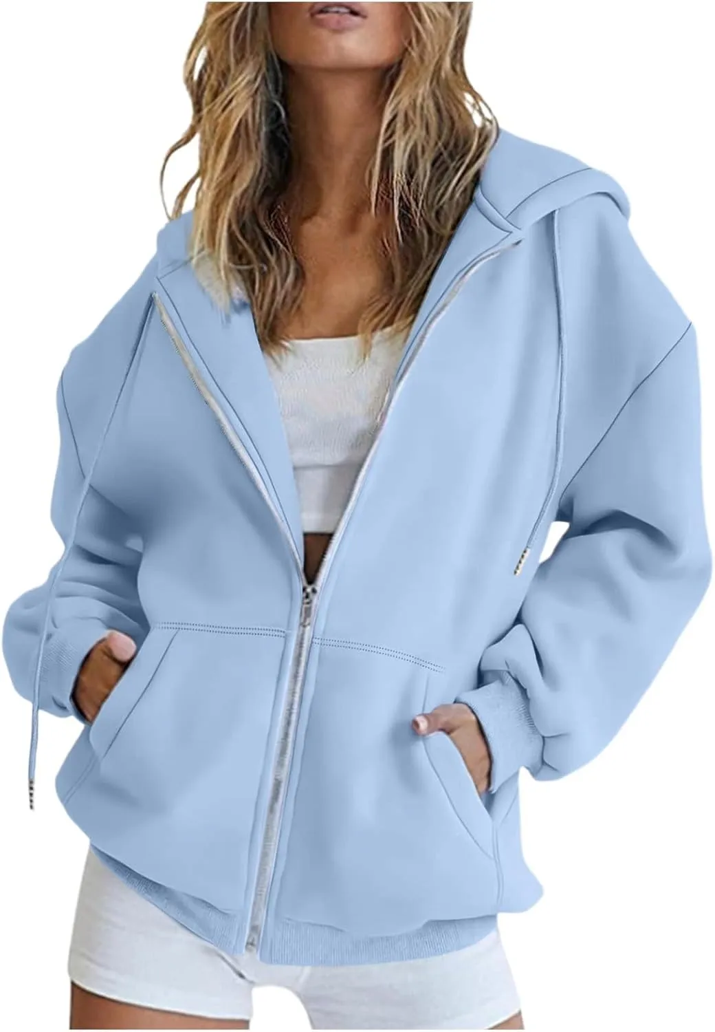 Womens Zip Up Hoodies Long Sleeve Sweatshirts Fall Outfits Oversized Sweaters Casual Solid Fashion Jackets