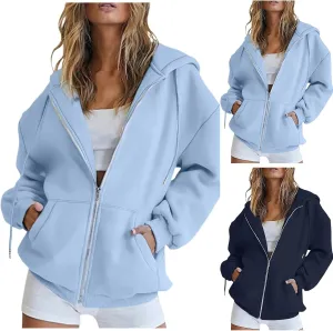 Womens Zip Up Hoodies Long Sleeve Sweatshirts Fall Outfits Oversized Sweaters Casual Solid Fashion Jackets