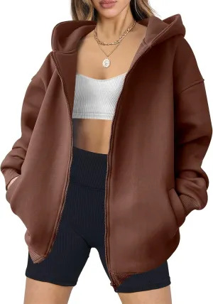 Womens Zip Up Hoodies Oversized Sweatshirt Long Sleeve Fleece Jackets Y2K Outfits Hooded Sweatshirt with Pockets