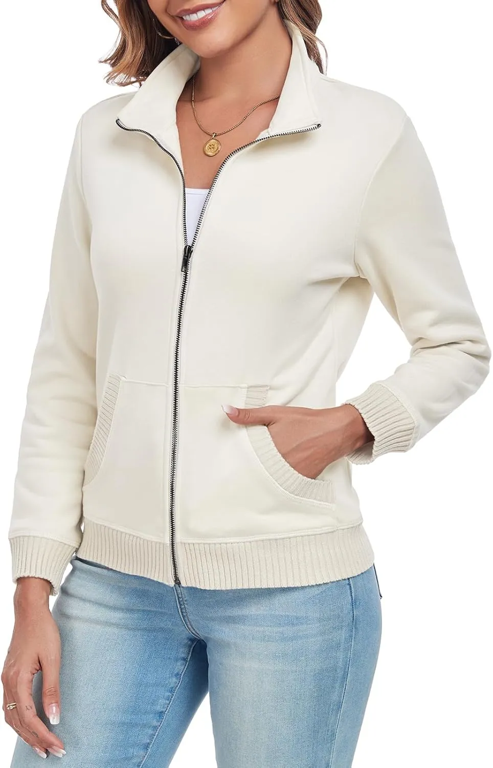 Women's Zip up Sweatshirt Jacket Stand Collar Long Sleeve Sweater Ribbed Knit Hem Jacket with Pocket