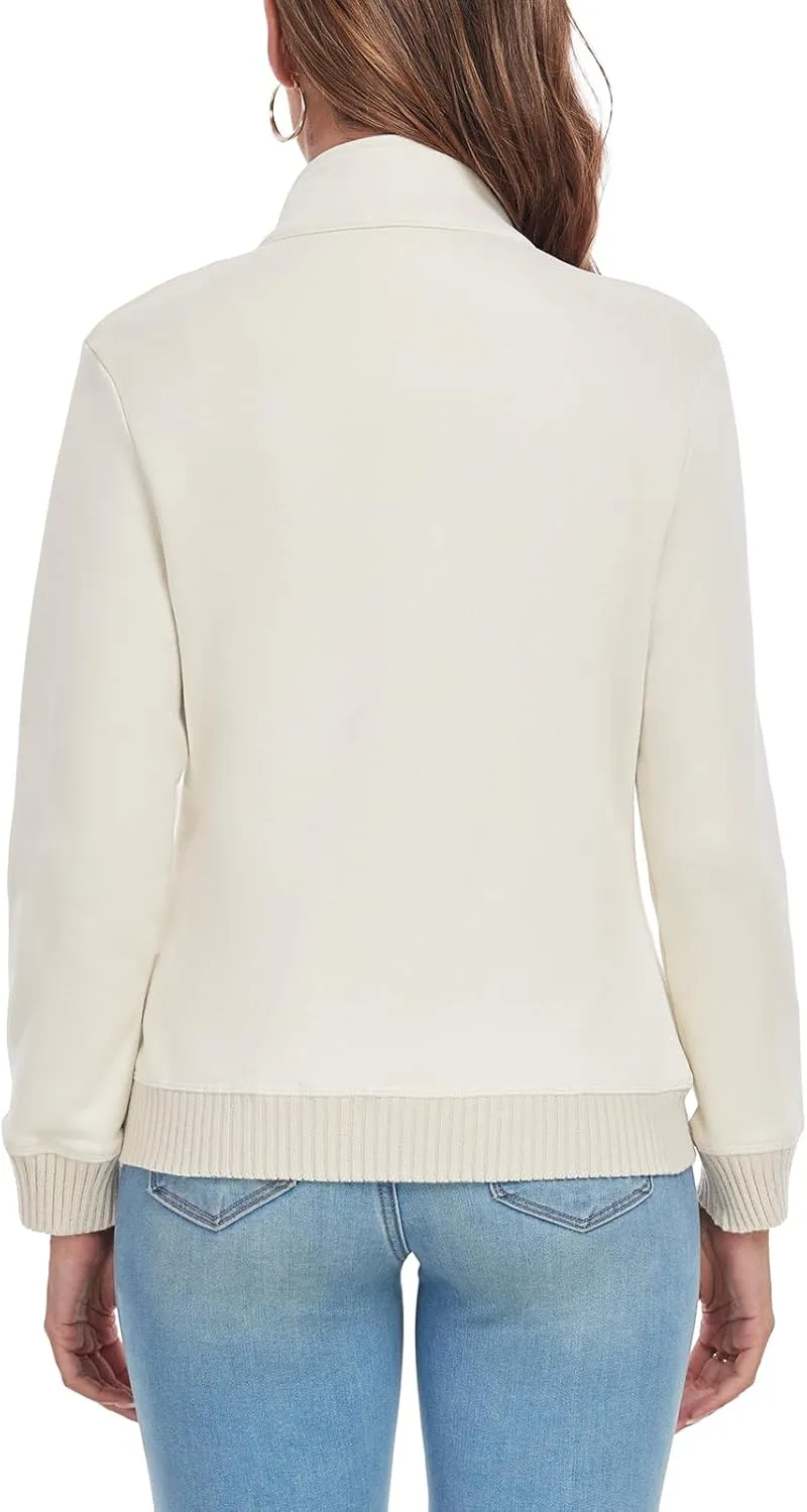 Women's Zip up Sweatshirt Jacket Stand Collar Long Sleeve Sweater Ribbed Knit Hem Jacket with Pocket