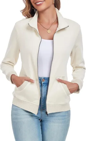 Women's Zip up Sweatshirt Jacket Stand Collar Long Sleeve Sweater Ribbed Knit Hem Jacket with Pocket
