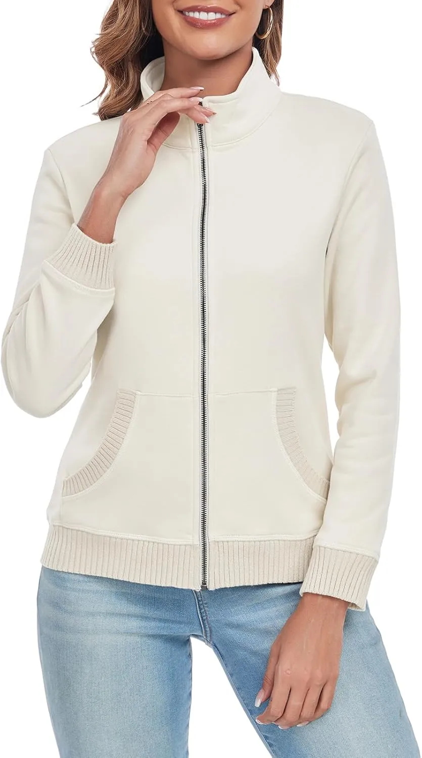 Women's Zip up Sweatshirt Jacket Stand Collar Long Sleeve Sweater Ribbed Knit Hem Jacket with Pocket
