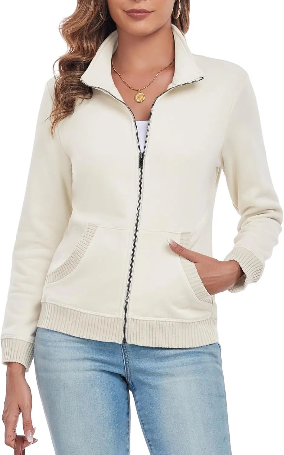Women's Zip up Sweatshirt Jacket Stand Collar Long Sleeve Sweater Ribbed Knit Hem Jacket with Pocket
