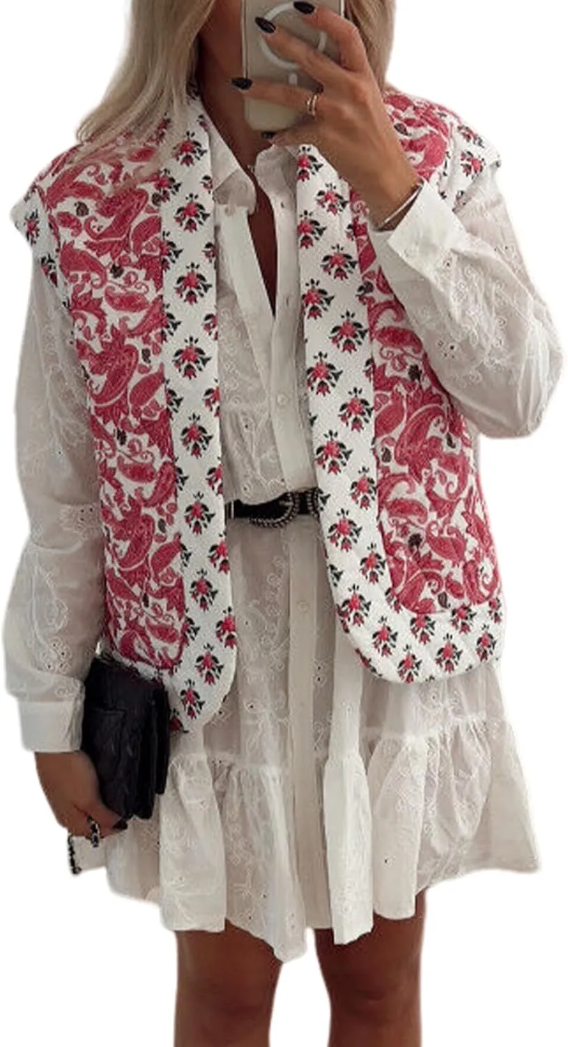 Wyeysyt Women's Cropped Floral Quilted Vest Lightweight Printed Sleeveless Puffer Padded Coat Gilet