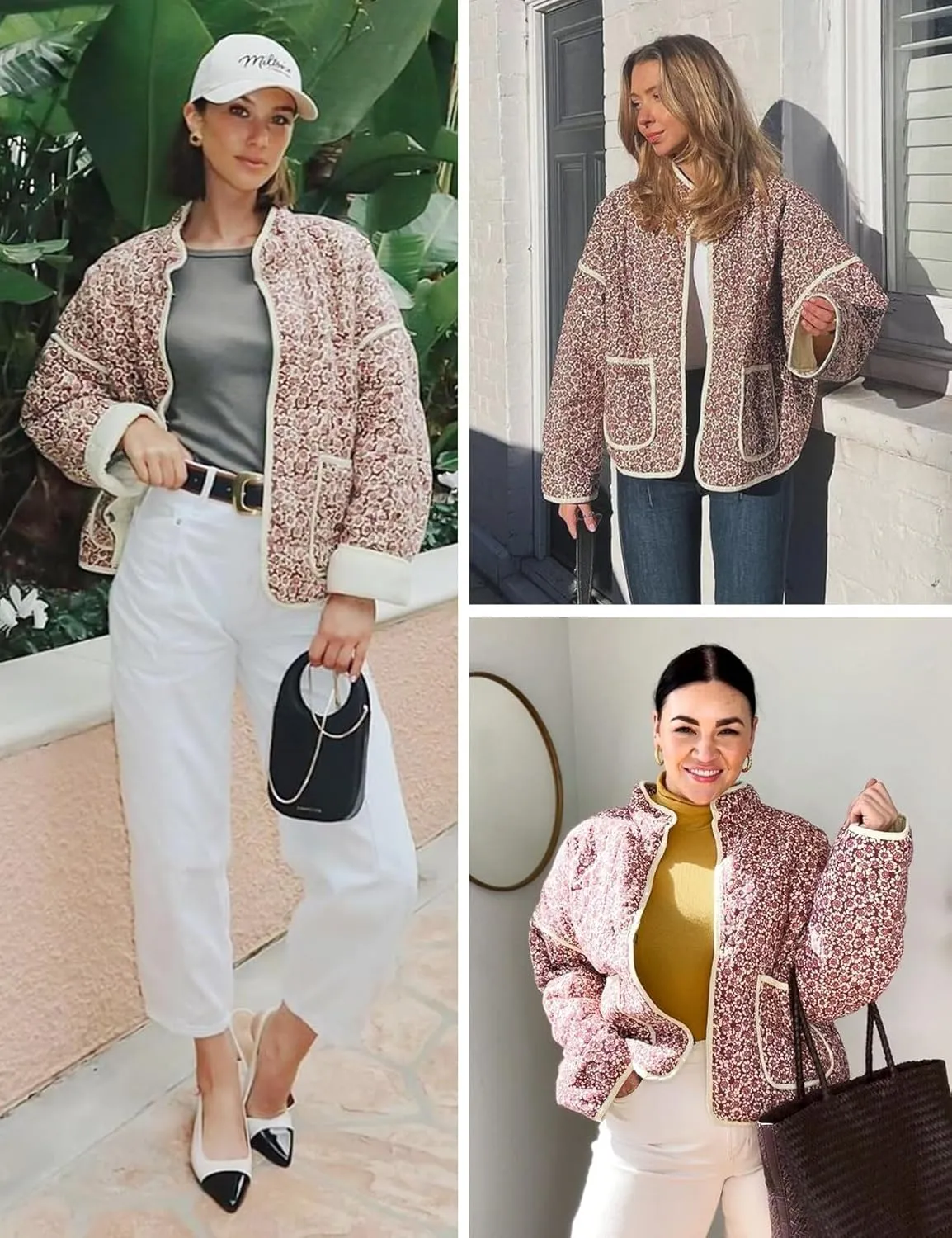 Wyeysyt Women's Cropped Puffer Jacket Lightweight Floral Print Long Sleeve Padded Quilted Puffy Cardigan Coat