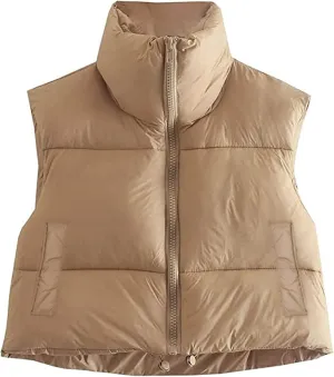 XBTCLXEBCO Womens Cropped Puffer Vest Jacket Lightweight Sleeveless Stand Collar Zip Up Outerwear Warm Padded Down Vest