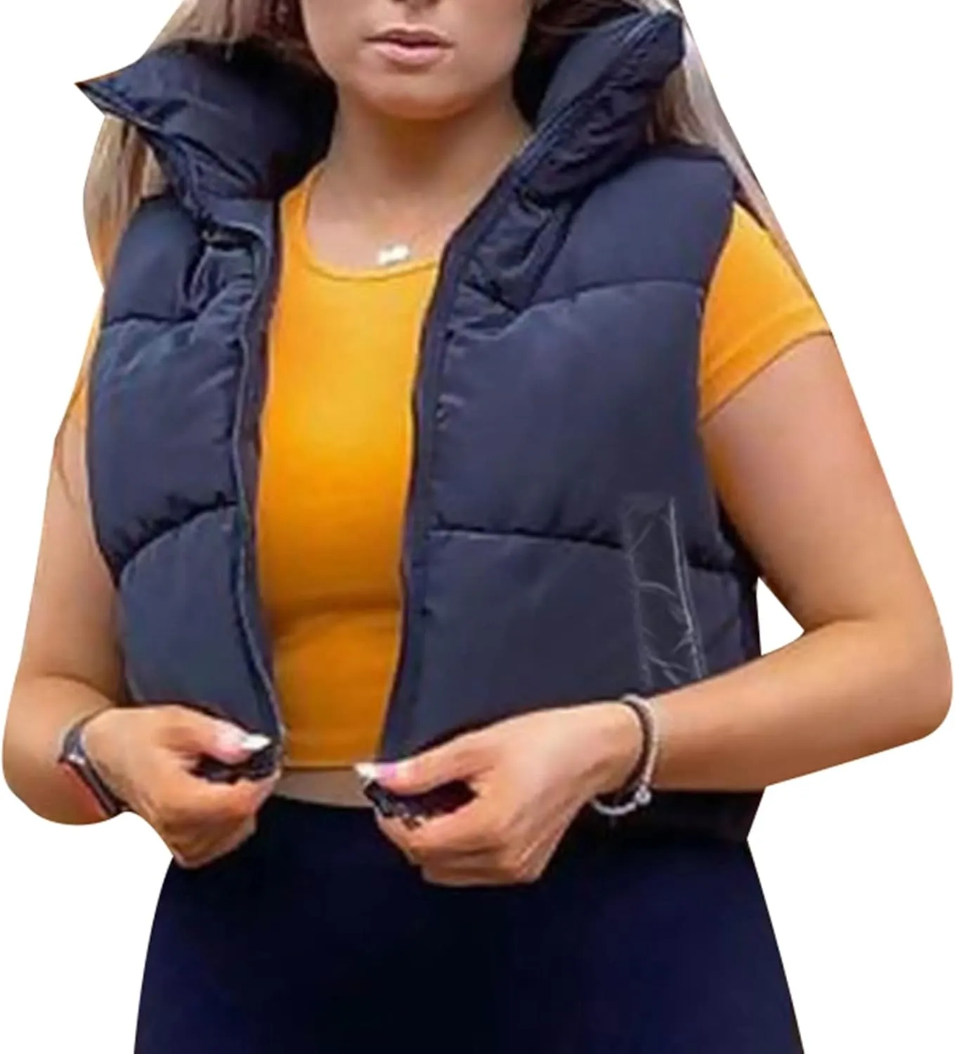XBTCLXEBCO Womens Cropped Puffer Vest Jacket Lightweight Sleeveless Stand Collar Zip Up Outerwear Warm Padded Down Vest