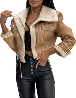 XUNRYAN Womens Faux Shearling Sherpa Faux-Leather Jackets Thick Fleece Lined Lapel Zipper Bomber Aviator Coat Winter Clothes