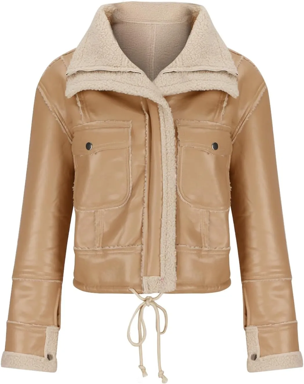 XUNRYAN Womens Faux Shearling Sherpa Faux-Leather Jackets Thick Fleece Lined Lapel Zipper Bomber Aviator Coat Winter Clothes