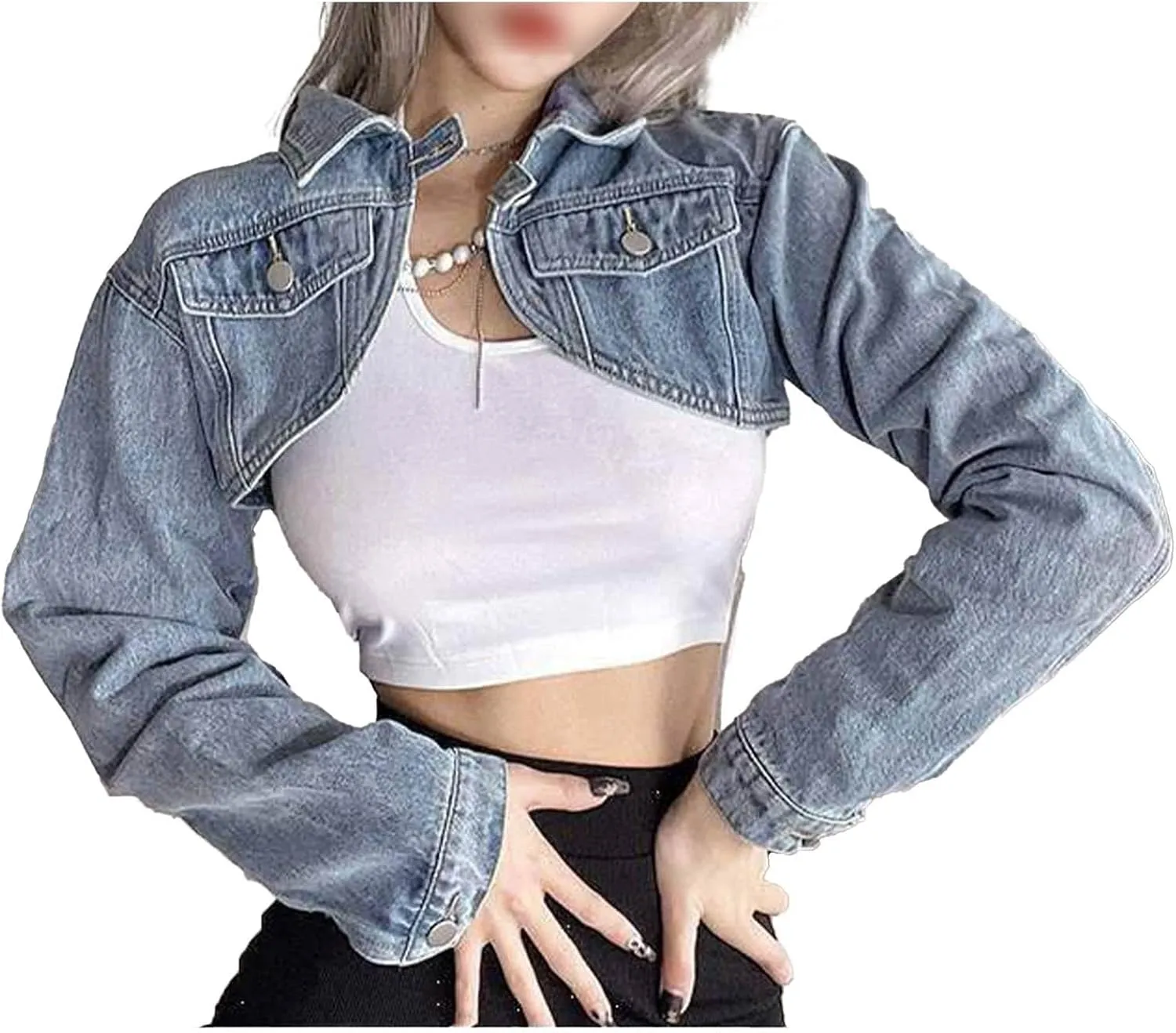 xxxiticat Women's Crop Denim Jacket Long Sleeve Turn Down Collar Open Front Blue Cardigan Jean Jackets Coat Outerwear